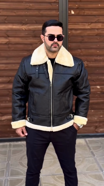 Black Shearling - Collared Leather Bomber Jacket