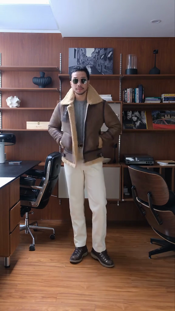 Brown Shearling - Collared Aviator Jacket