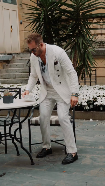 White Pinstripe Double - Breasted Linen Suit Set