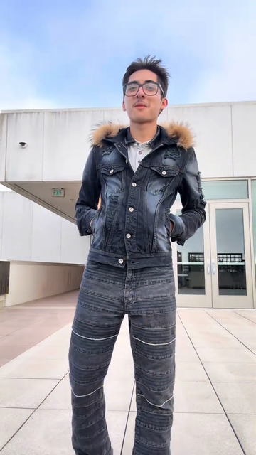 Distressed Black Denim Jacket with Fur - Lined Hood