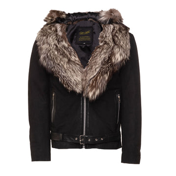 Allen Black Nubuck Leather jacket with Real Fox Fur on collar and hoodie