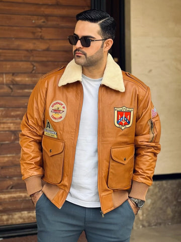 Brown Leather Aviator Jacket with Patches