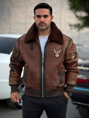 Shearling - Collared Aviator Leather Jacket