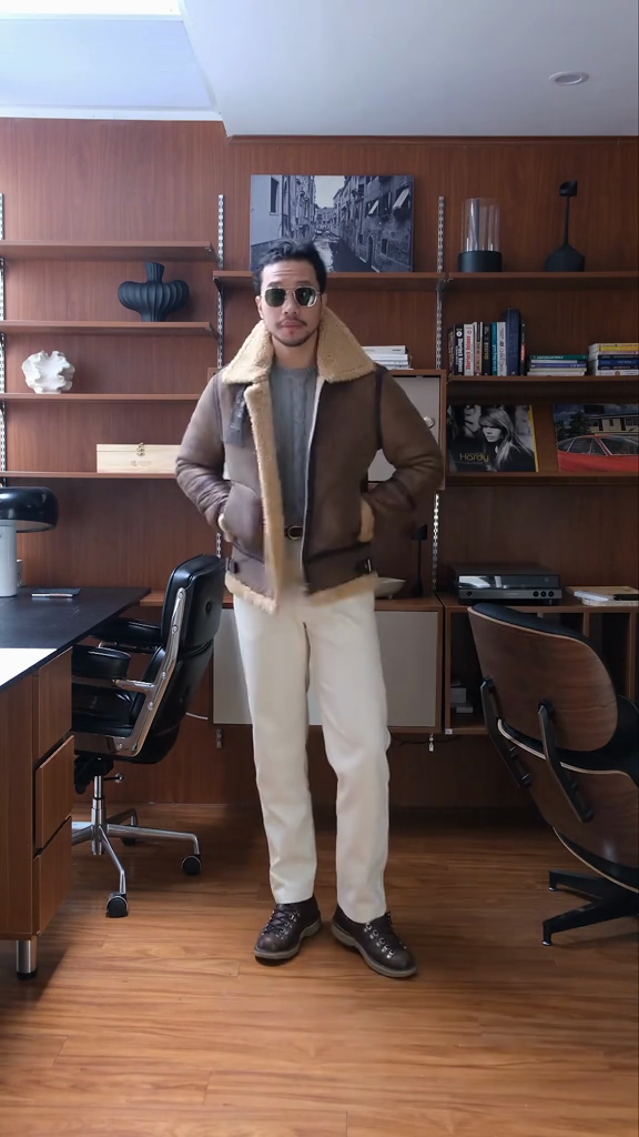 Brown Shearling - Collared Aviator Jacket