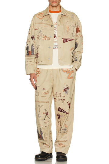 Beige Embroidered Denim Jacket with Sports Motifs