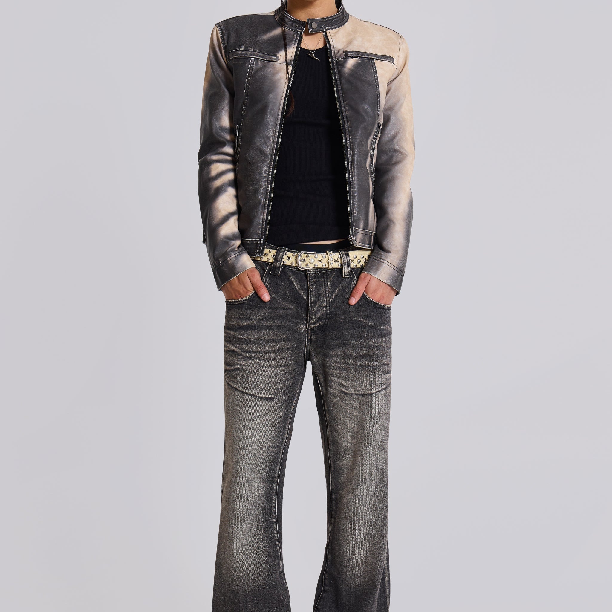 Gradient Dyed Faux Leather Biker Jacket