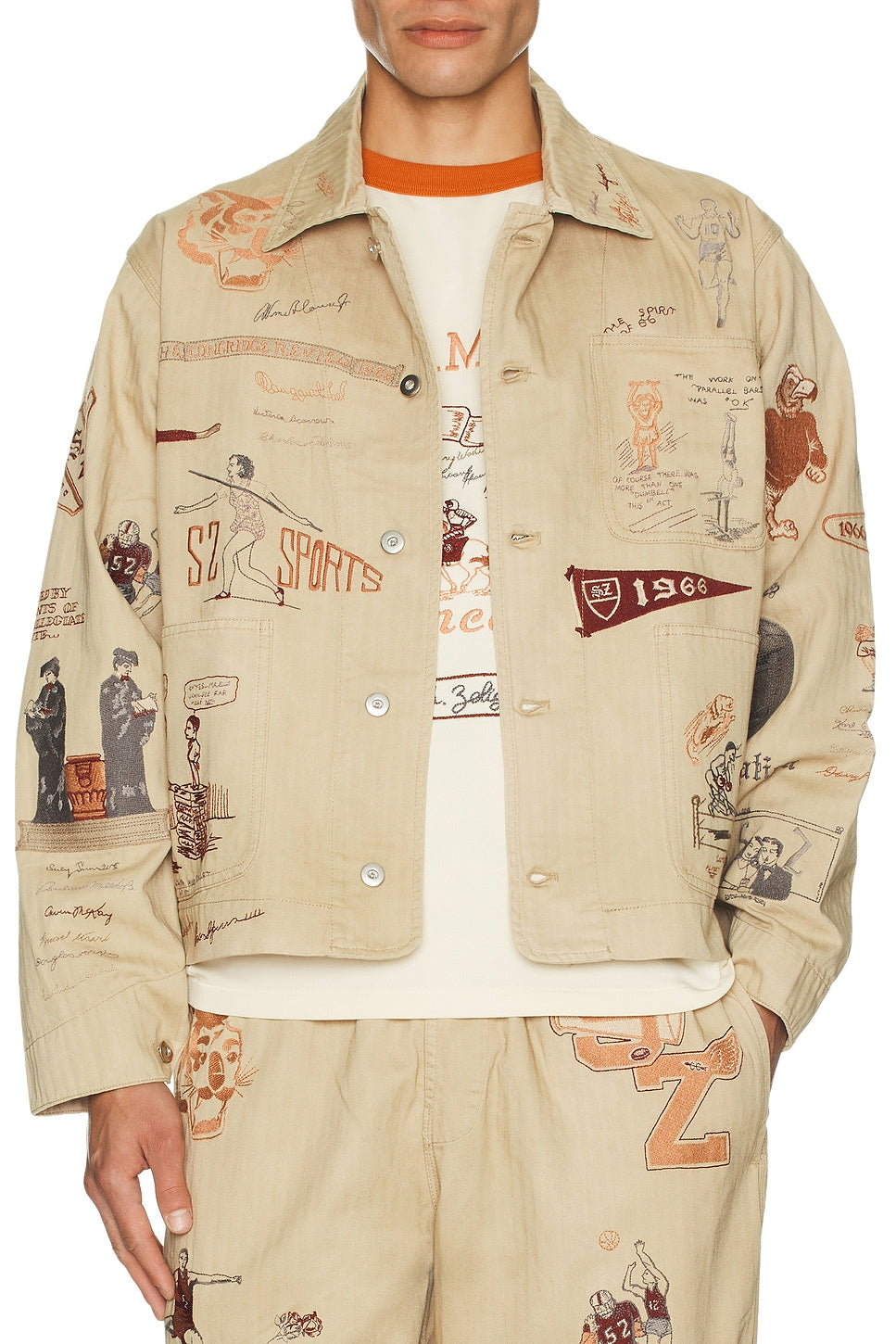 Beige Embroidered Denim Jacket with Sports Motifs