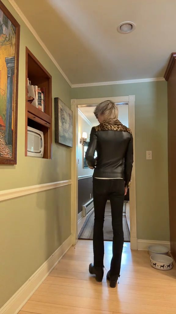 Black Leather Jacket with Leopard Print Fur Trim