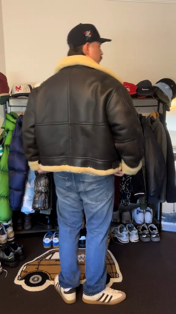 Black Leather Shearling - Collared Jacket