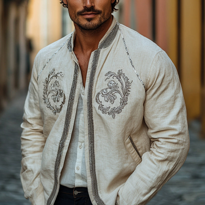 Men's Spring Fashion Embroidered Cotton and Linen Jacket MTA2630C4U