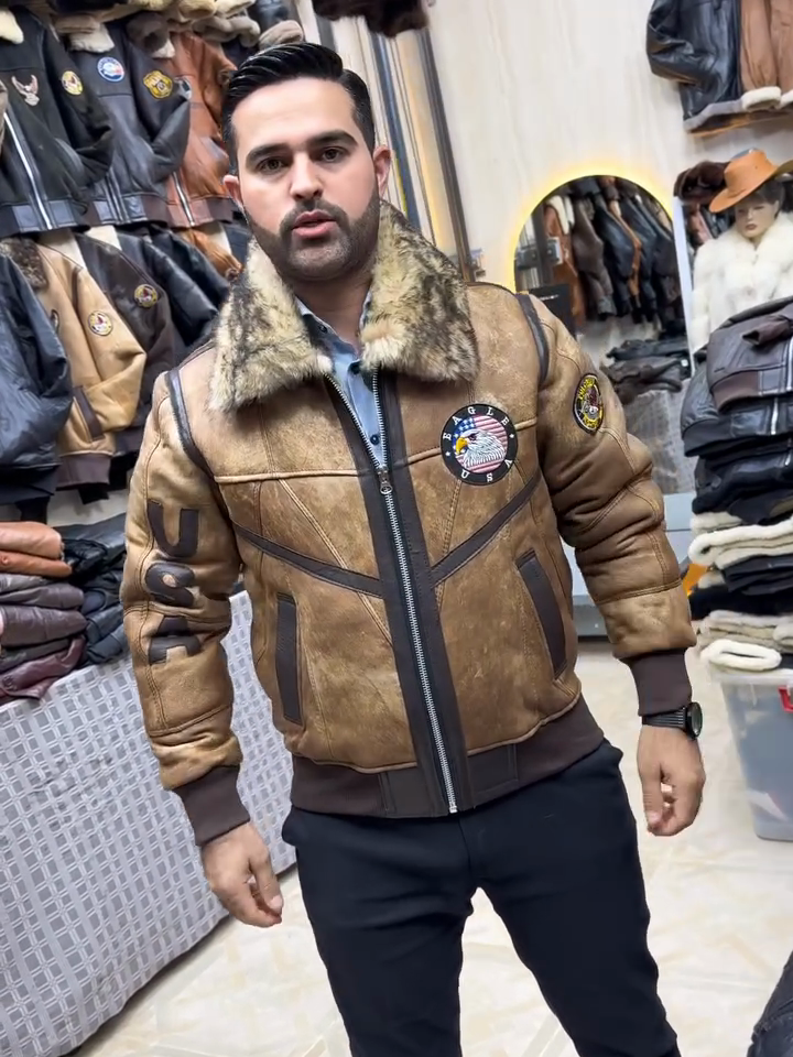Brown Shearling - Collared Aviator Leather Jacket