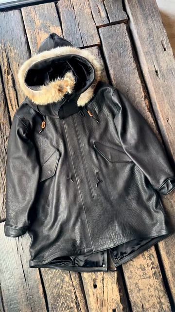Black Leather Parka with Fur - Lined Hood