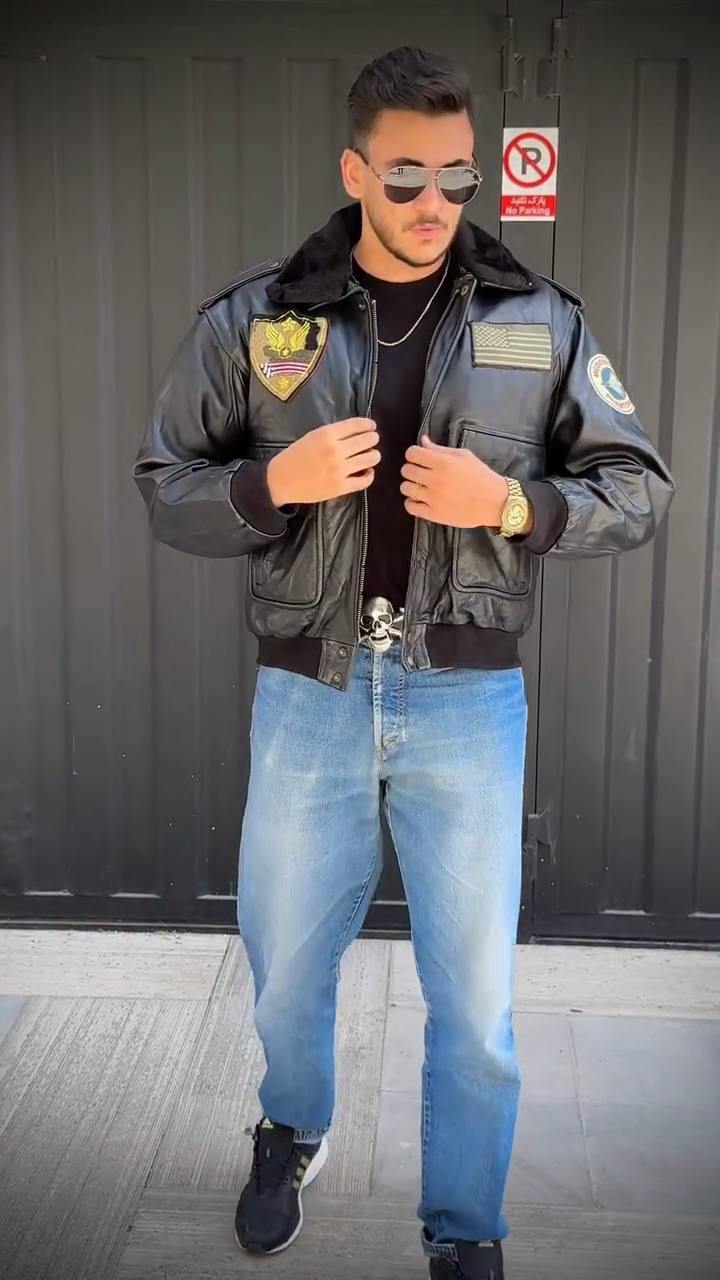 Embellished Black Leather Bomber Jacket