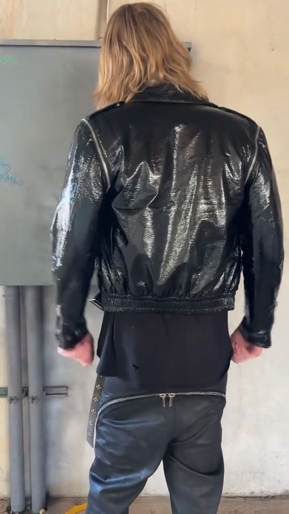 Black Glossy Leather Jacket Ensemble
