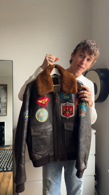 Vintage Leather Bomber Jacket with Patches
