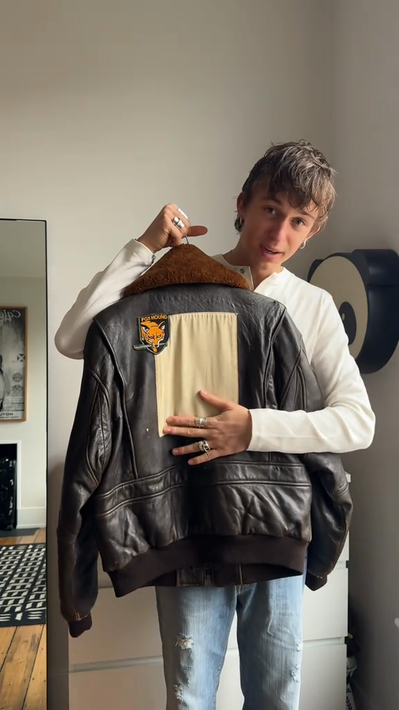 Vintage Leather Bomber Jacket with Patches