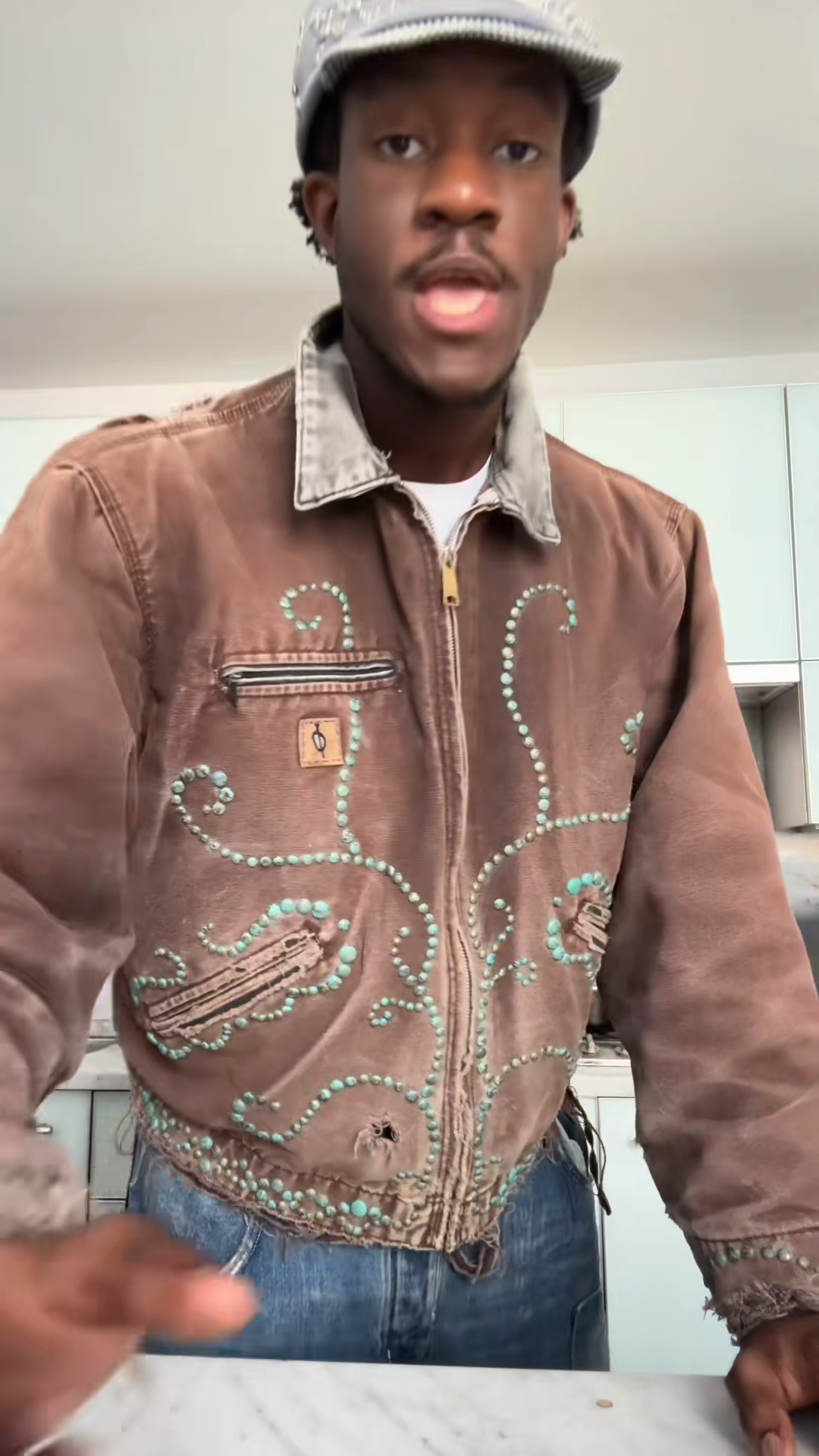Brown Distressed Denim Jacket with Turquoise Embellishments