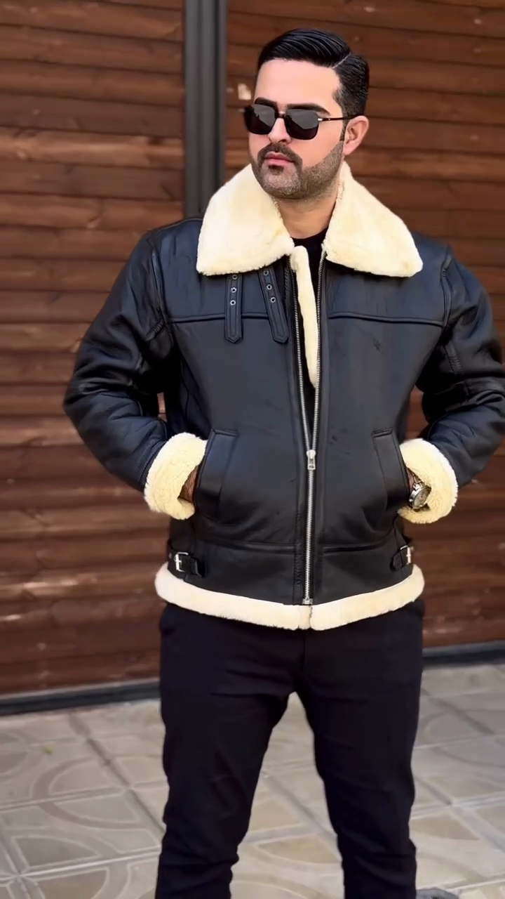 Black Shearling - Collared Leather Bomber Jacket
