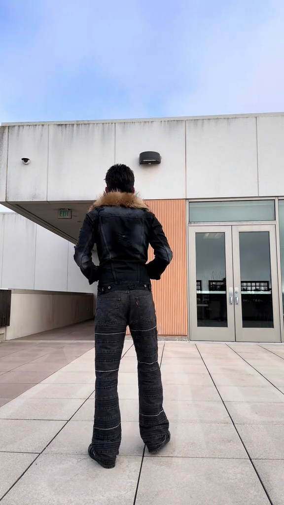 Distressed Black Denim Jacket with Fur - Lined Hood