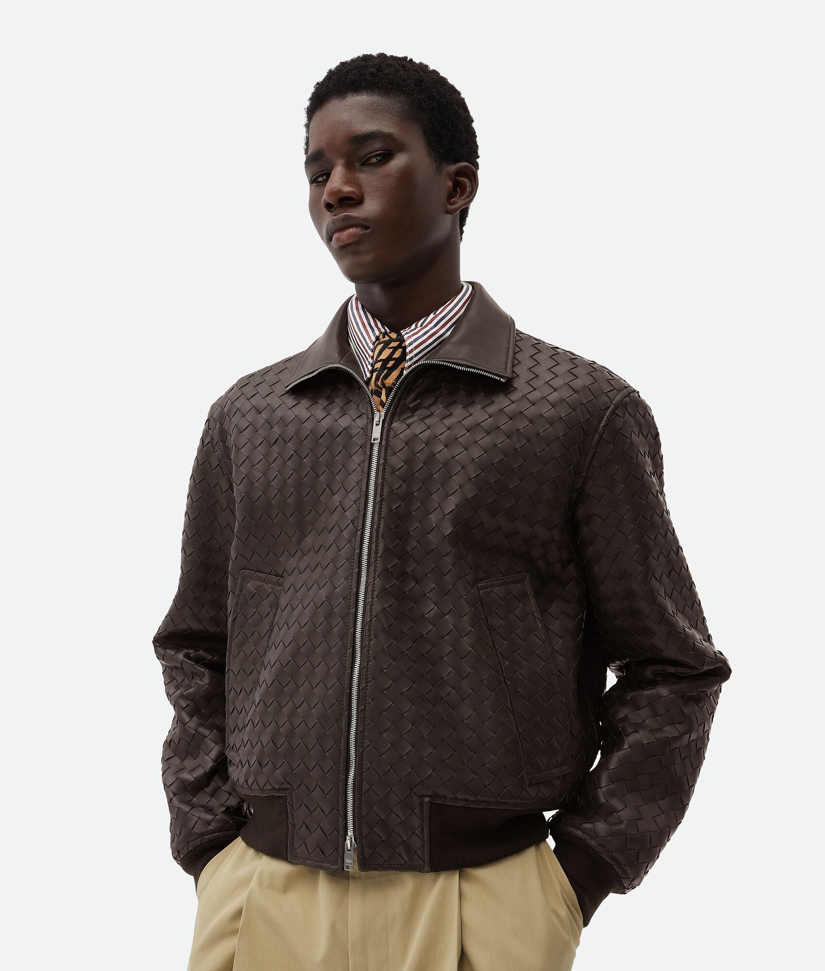Woven Leather Bomber Jacket