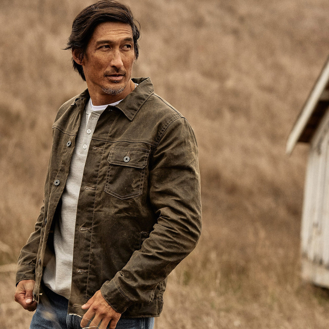 Flannel Lined Waxed Trucker Jacket in Forest