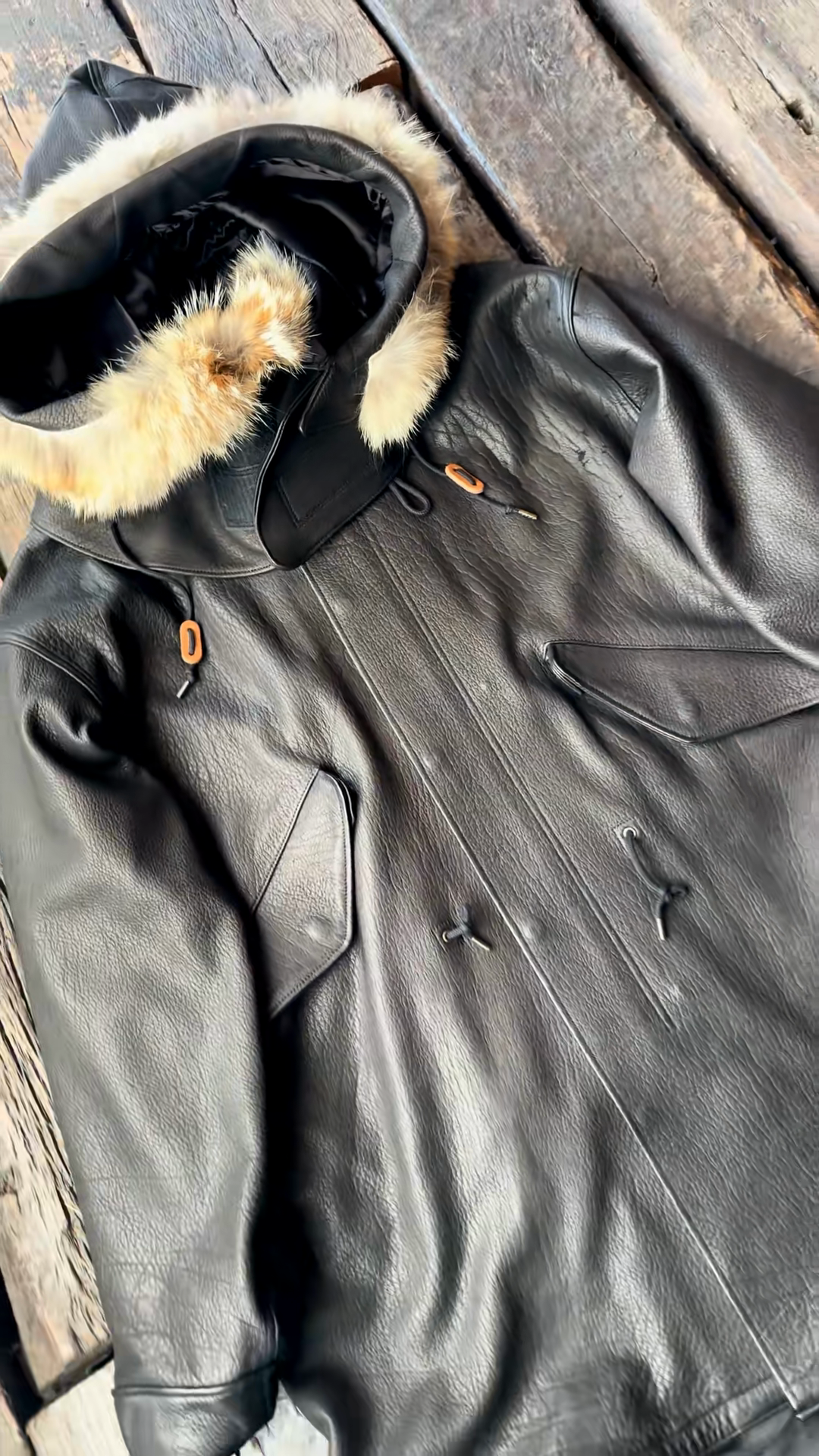 Black Leather Parka with Fur - Lined Hood