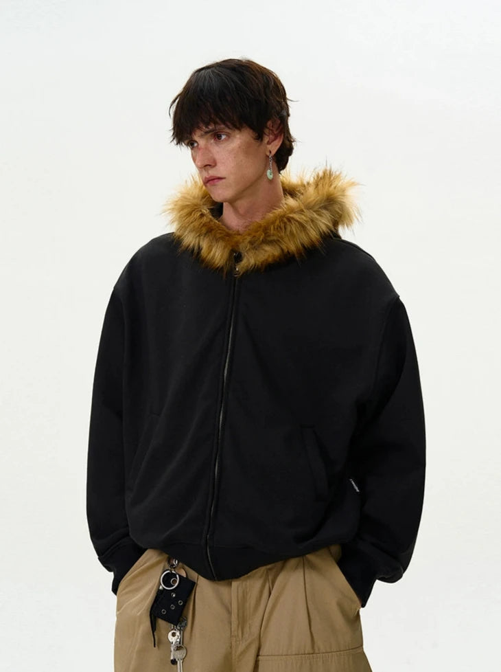 Zip - Up Hoodie with Faux Fur Collar