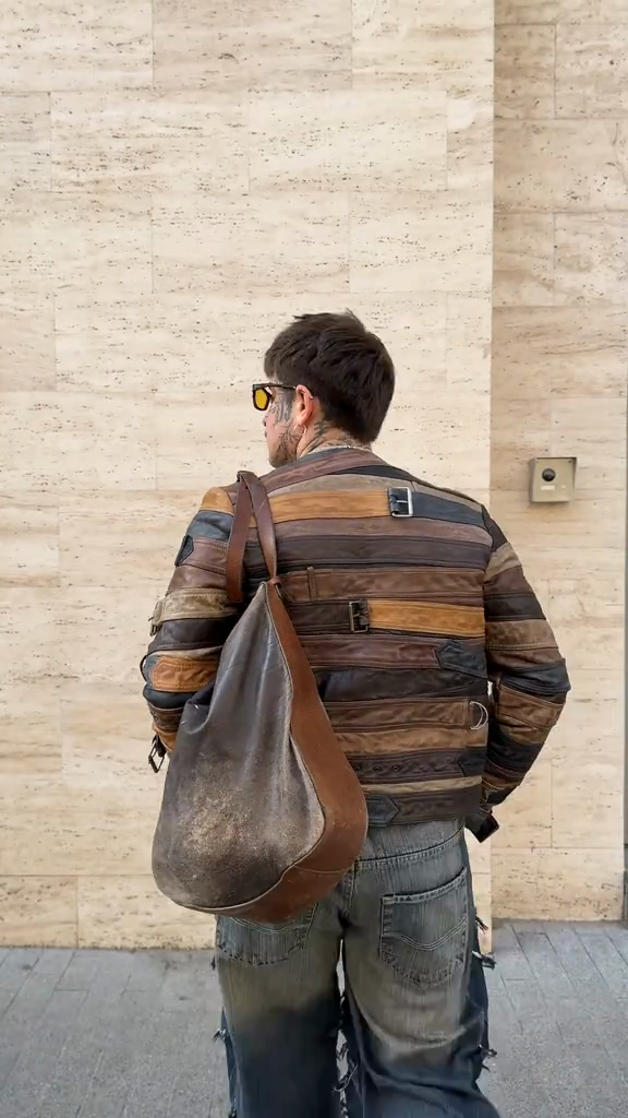 Patchwork Leather Jacket with Buckle Details
