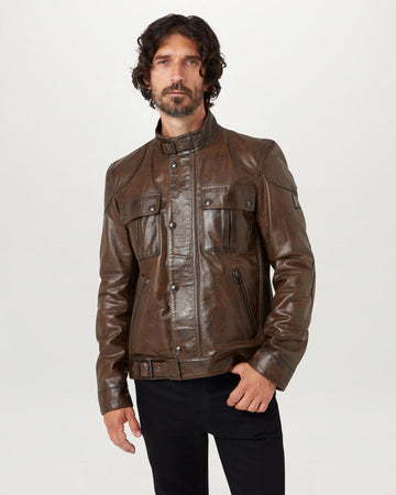 Vintage - Style Brown Leather Biker Jacket