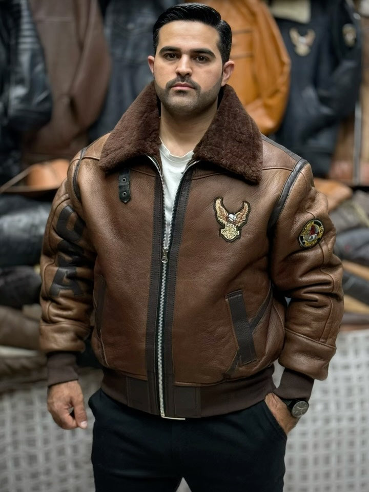 Shearling - Collared Aviator Leather Jacket