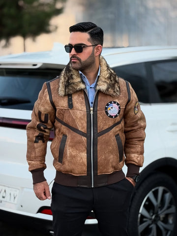 Brown Shearling - Collared Aviator Leather Jacket