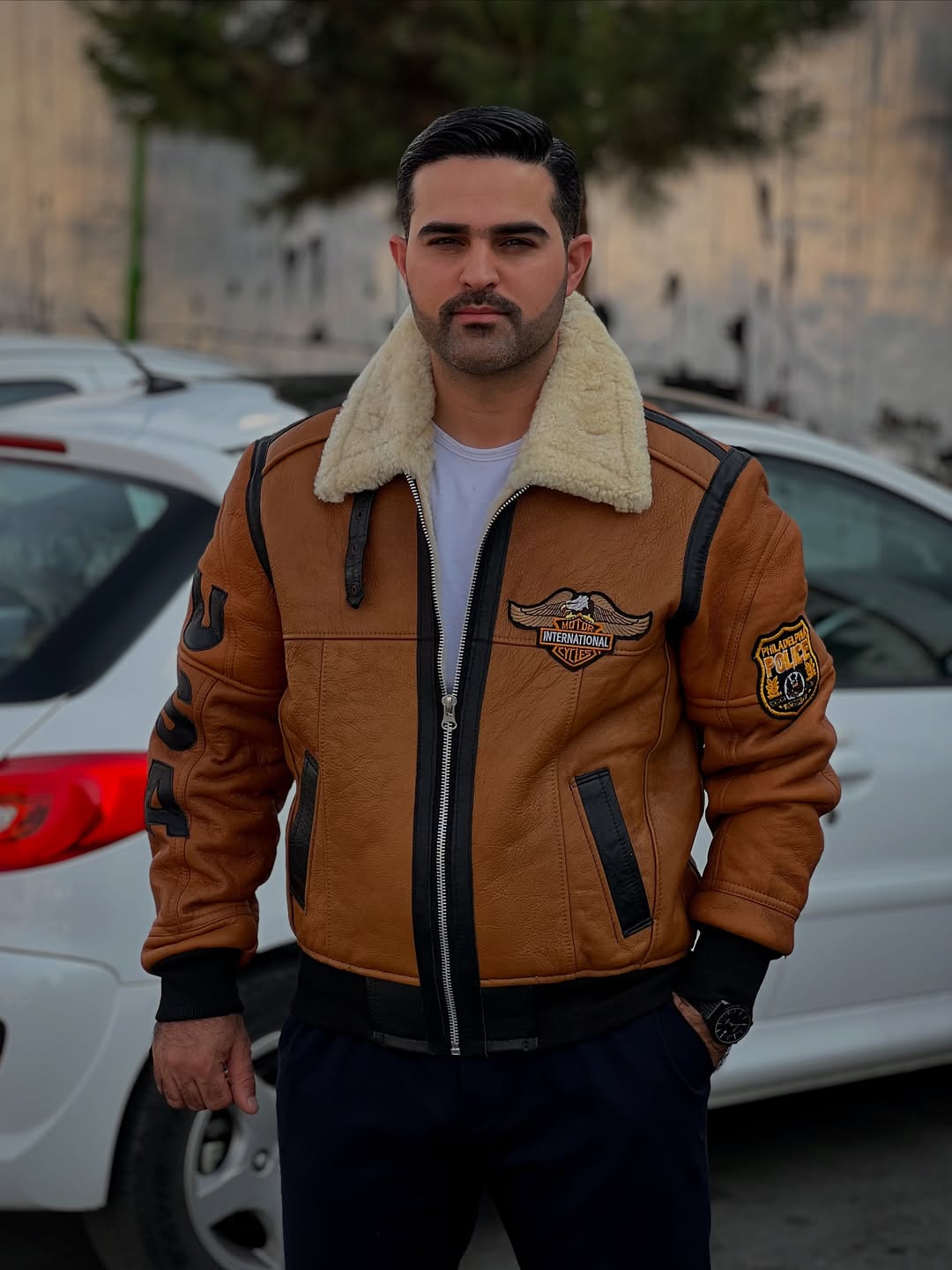 Shearling Collar Motorcycle Leather Jacket