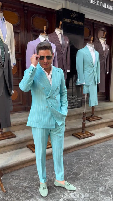 Turquoise Pinstripe Double - Breasted Suit: Timeless Elegance with a Pop of Color