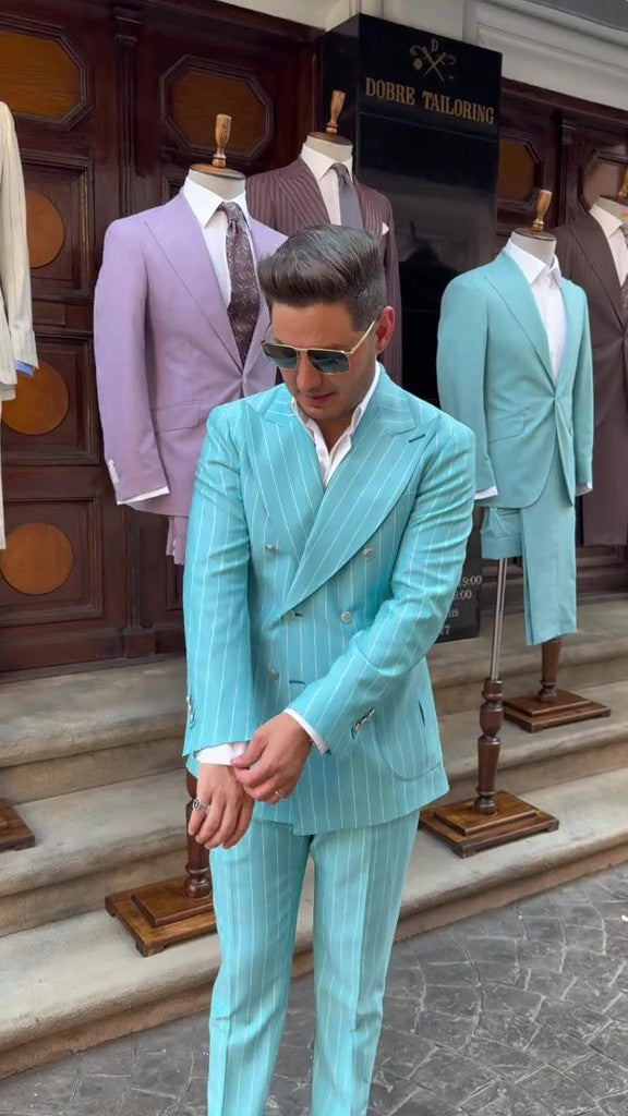 Turquoise Pinstripe Double - Breasted Suit: Timeless Elegance with a Pop of Color