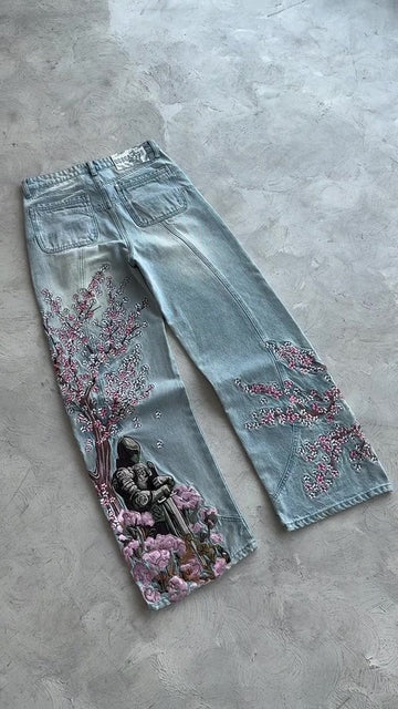 Embroidered Denim Jeans: Medieval Knight Meets Floral Fantasy