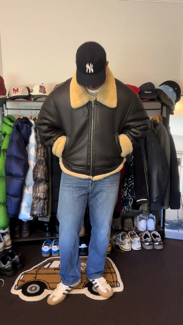 Black Leather Shearling - Collared Jacket