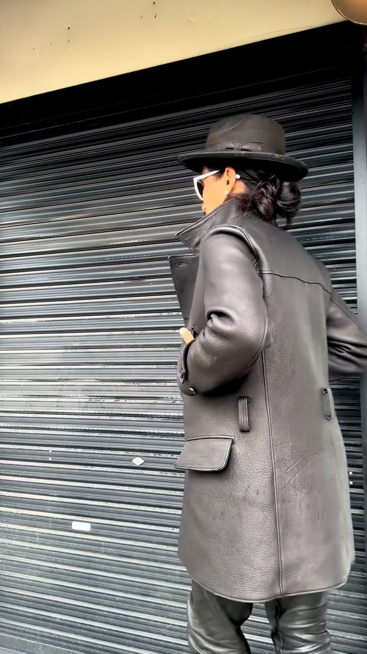 Black Double - Breasted Leather Trench Coat