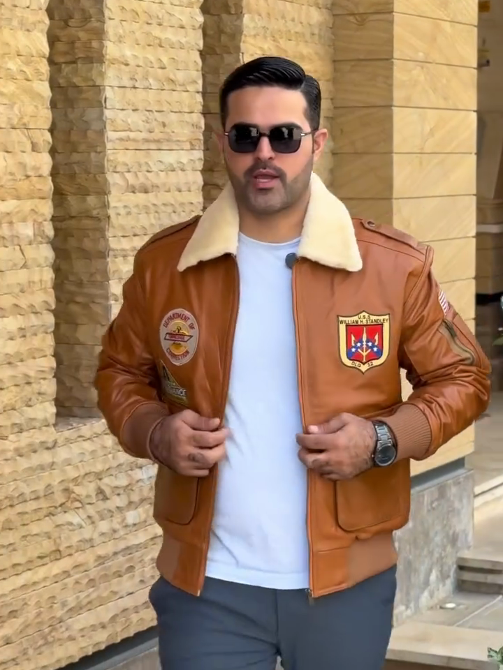 Brown Leather Aviator Jacket with Patches