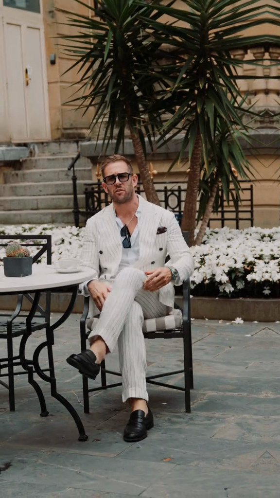 White Pinstripe Double - Breasted Linen Suit Set