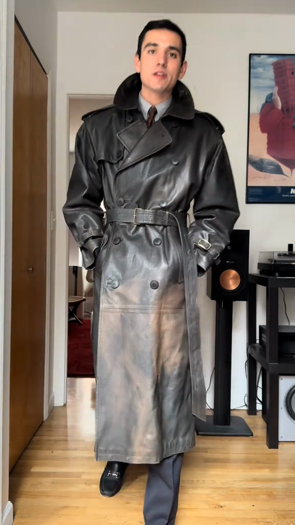 Vintage Black Leather Trench Coat with Belt
