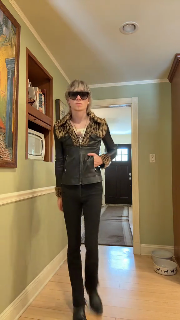 Black Leather Jacket with Leopard Print Fur Trim