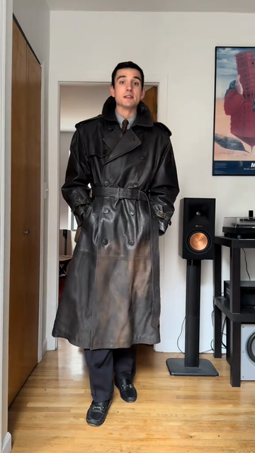 Vintage Black Leather Trench Coat with Belt
