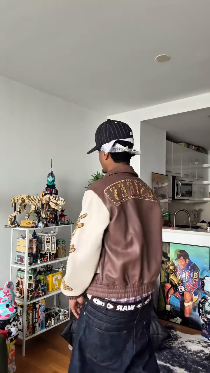 Brown and Cream Varsity - Style Leather Jacket