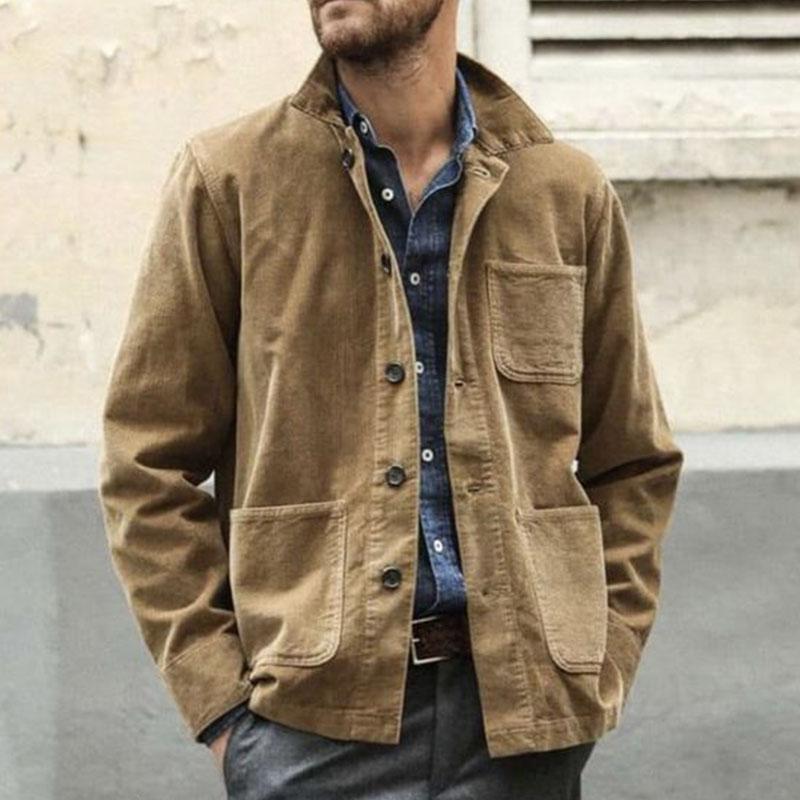 Men's Vintage Cotton Multi Pocket Lapel Long Sleeve Workwear Jacket 32788666M