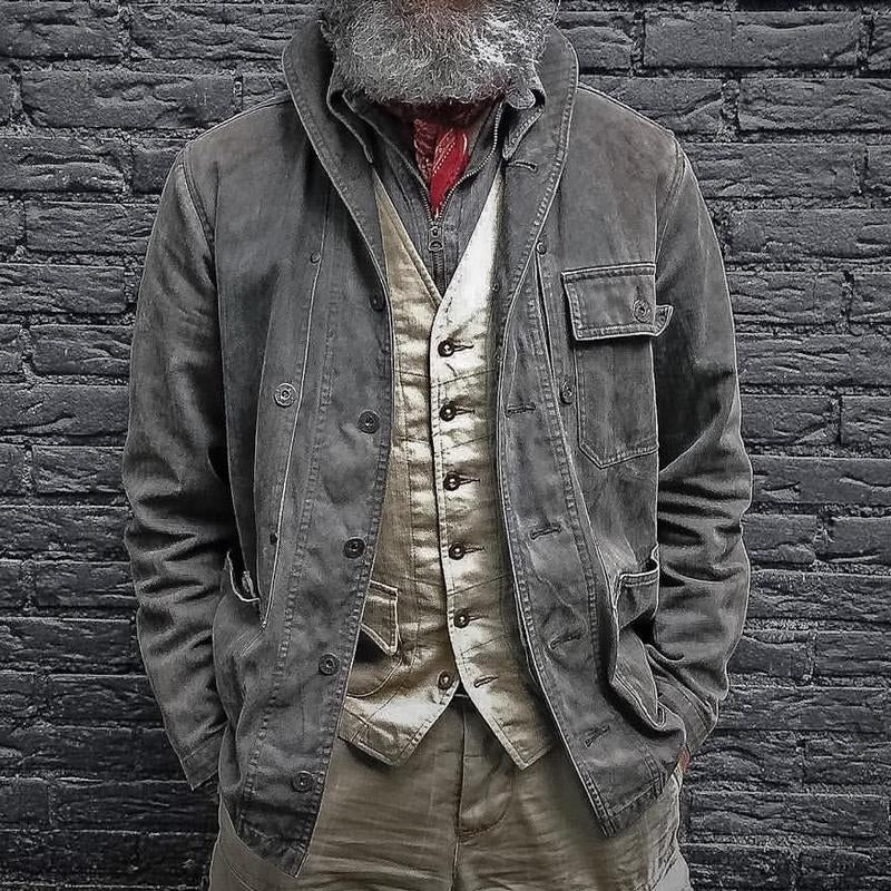 Men's Vintage Solid Multi-Pocket Denim Jacket 14680018X